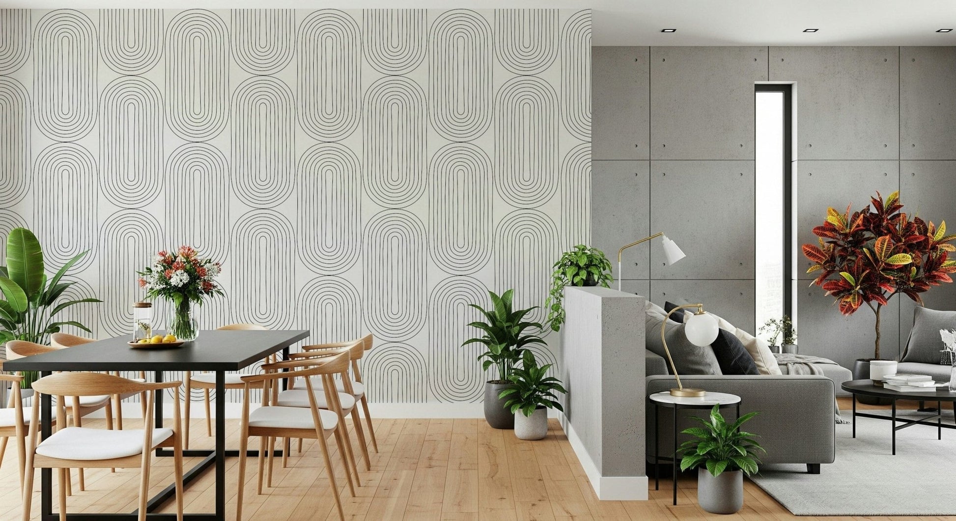 Retro Arches mural, unique geometric flow, captivating, interlocking pattern.
