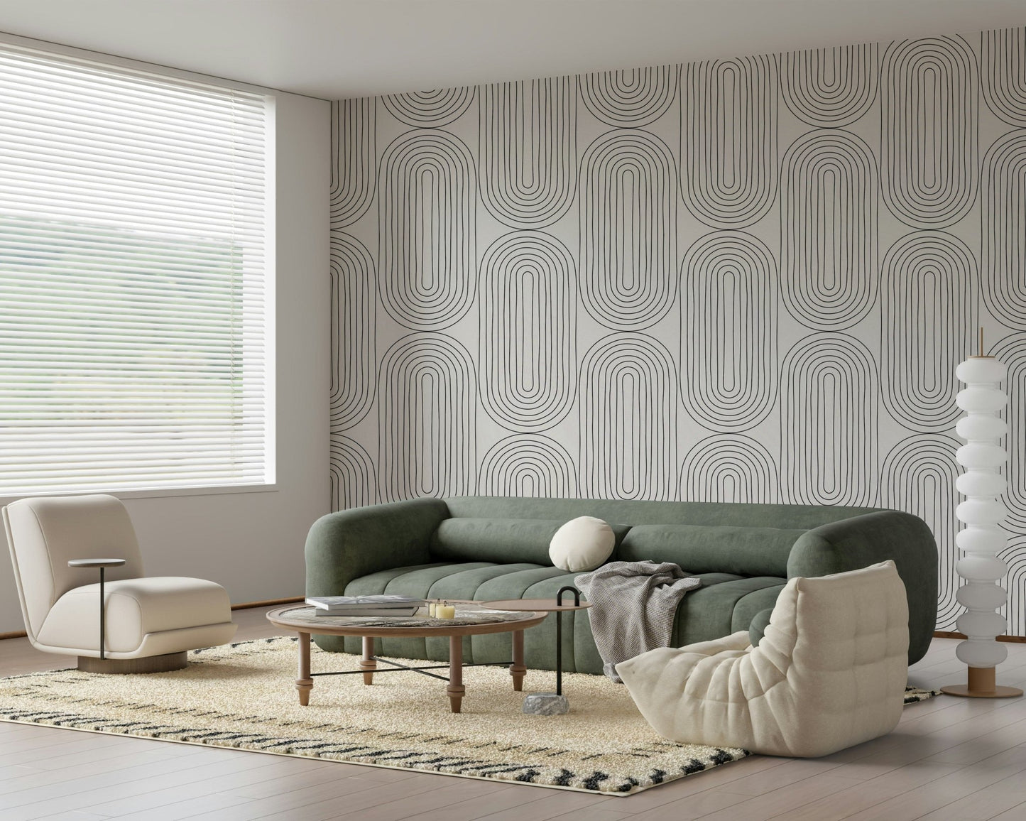 Monochromatic Retro Arches print, elegant, decorative wall covering, refined.