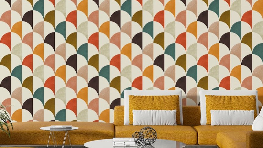 A retro-style wall mural with a repeating pattern of arches.

