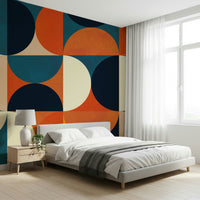 An artistic mid-century pattern mural on minimalist wallpaper.