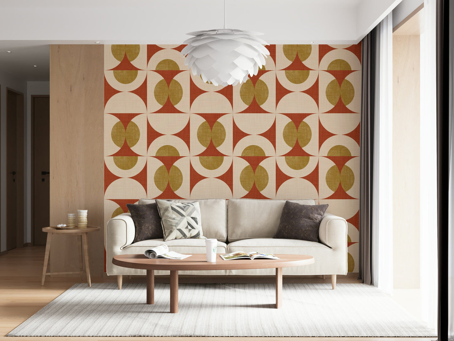 Warm-toned arcs and circles wallpaper with a classic mid-century aesthetic.