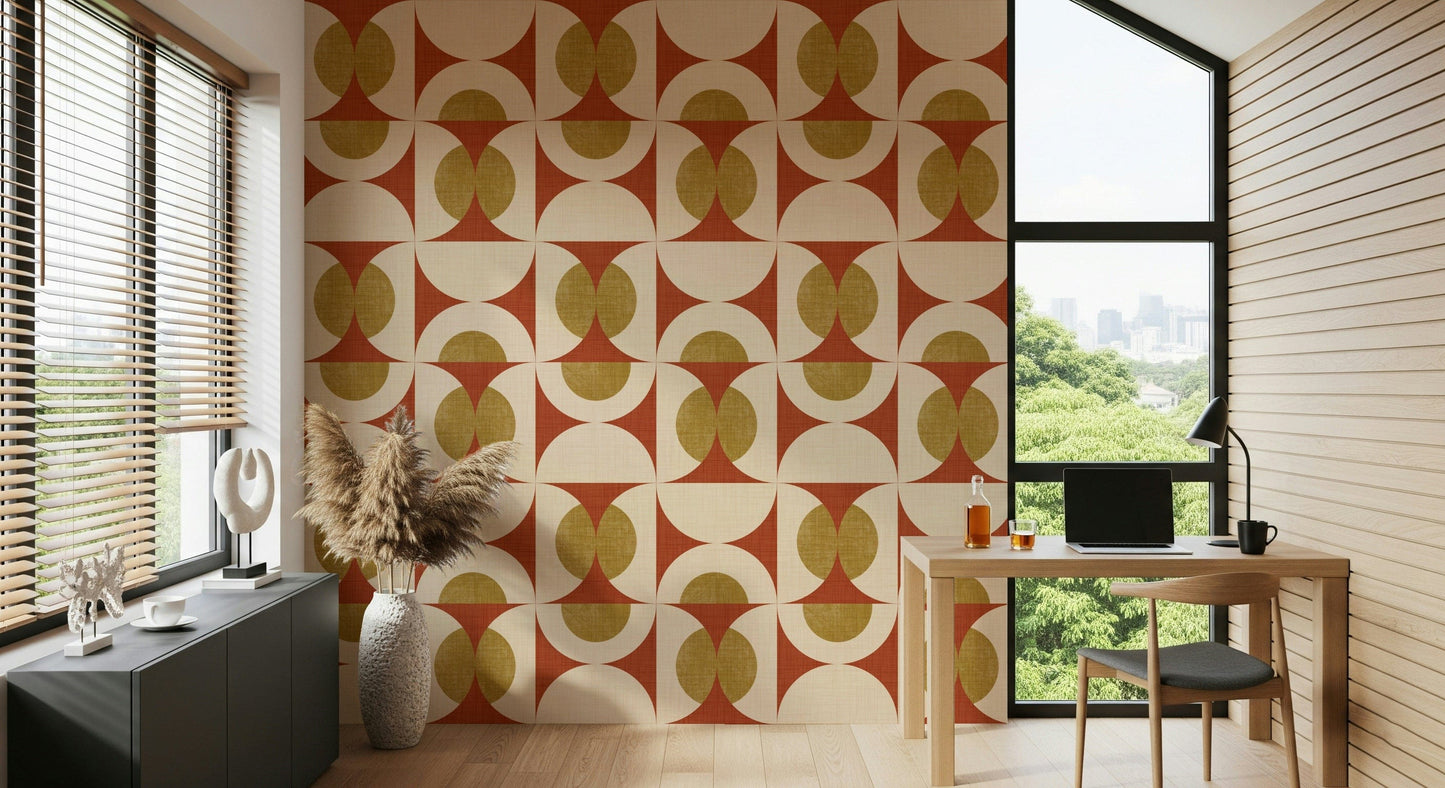 Retro-inspired geometric print with curved shapes forming circular patterns.