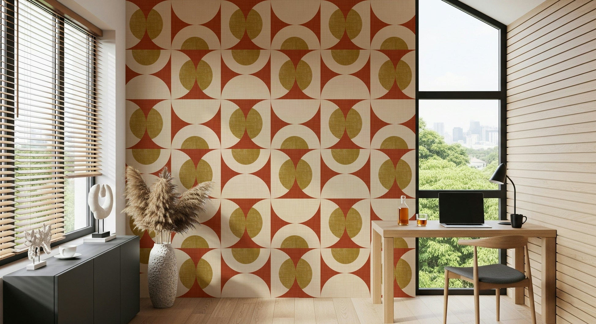 Retro-inspired geometric print with curved shapes forming circular patterns.