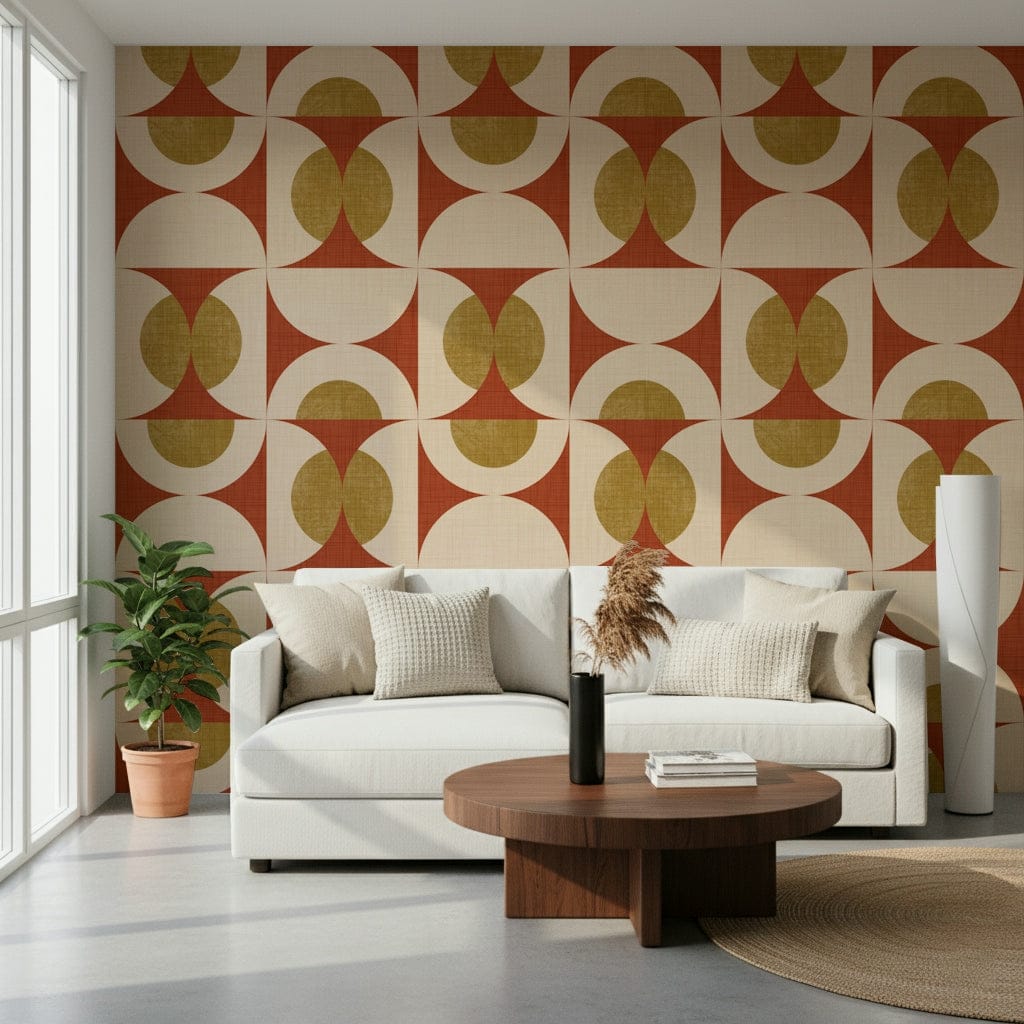Abstract retro wallpaper with symmetrical arc patterns in muted warm shades.
