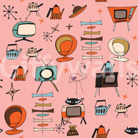 Funky Kitsch Pink Illustrations, Retro Living Pattern Wall Mural.