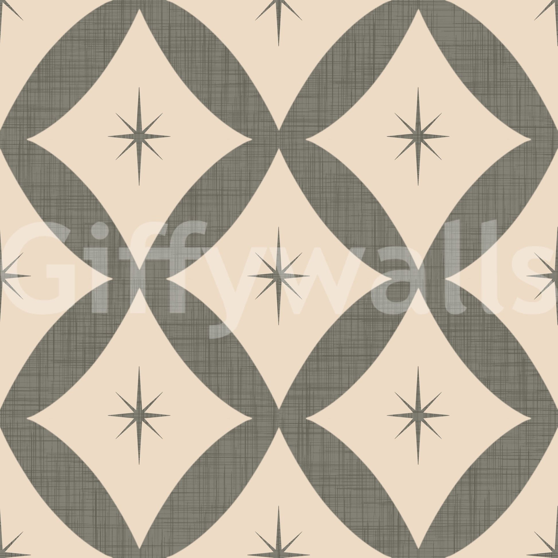 Abstract geometric wallpaper with olive diamonds arranged in a grid with starburst details.