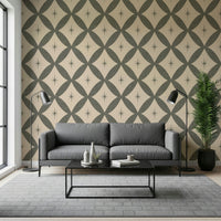 Mid-century inspired wallpaper with repeating geometric diamonds and delicate star motifs.