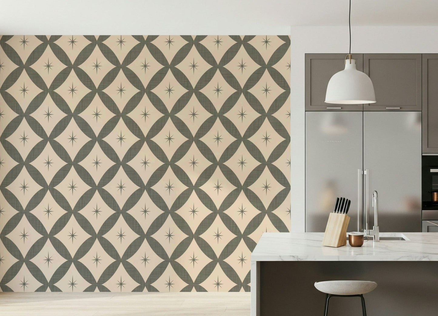 Vintage atomic-style wallpaper showcasing olive diamonds with centered starburst accents.