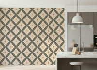 Vintage atomic-style wallpaper showcasing olive diamonds with centered starburst accents.