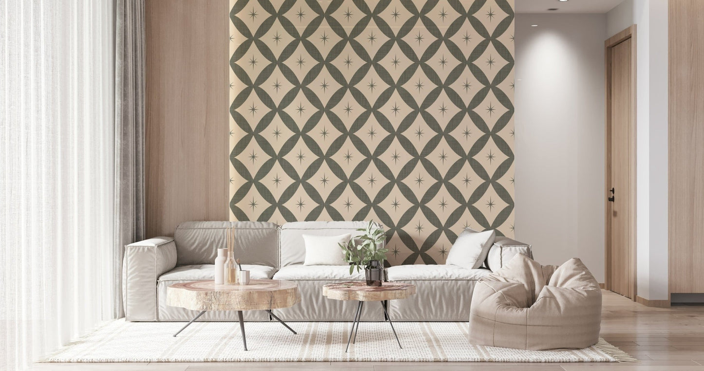 Chic vintage geometric wallpaper featuring olive lattice diamonds and starburst motifs.