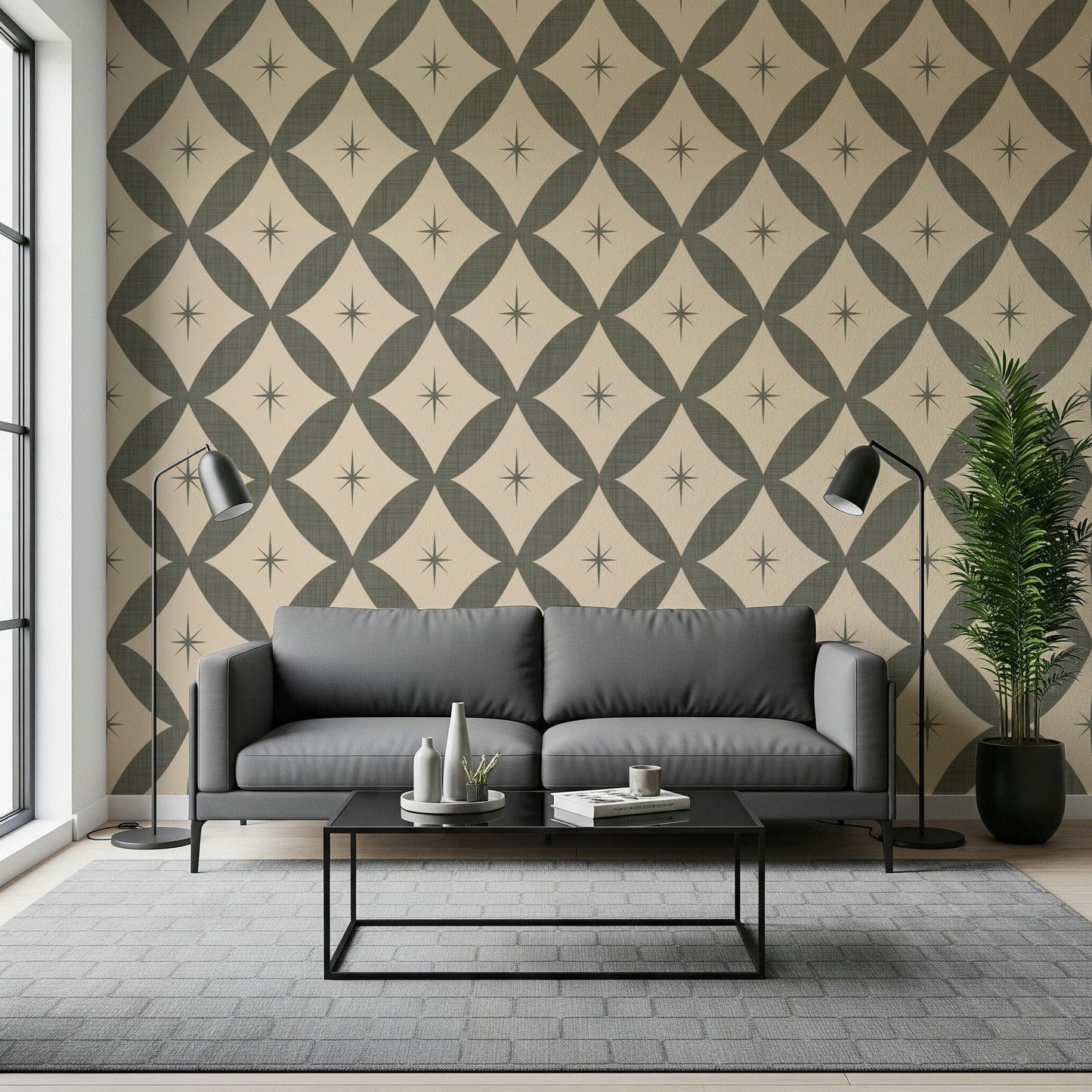 Mid-century inspired wallpaper with repeating geometric diamonds and delicate star motifs.