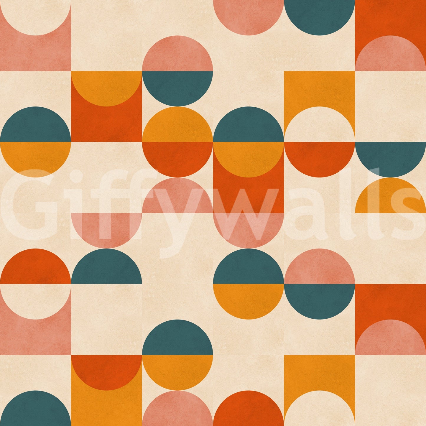 Balance Act wallpaper: interlocking semicircles and squares on creamy tan background.