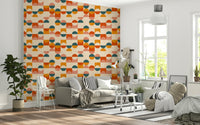 Abstract retro Balance Act pattern, warm palette, contemporary wall décor material.