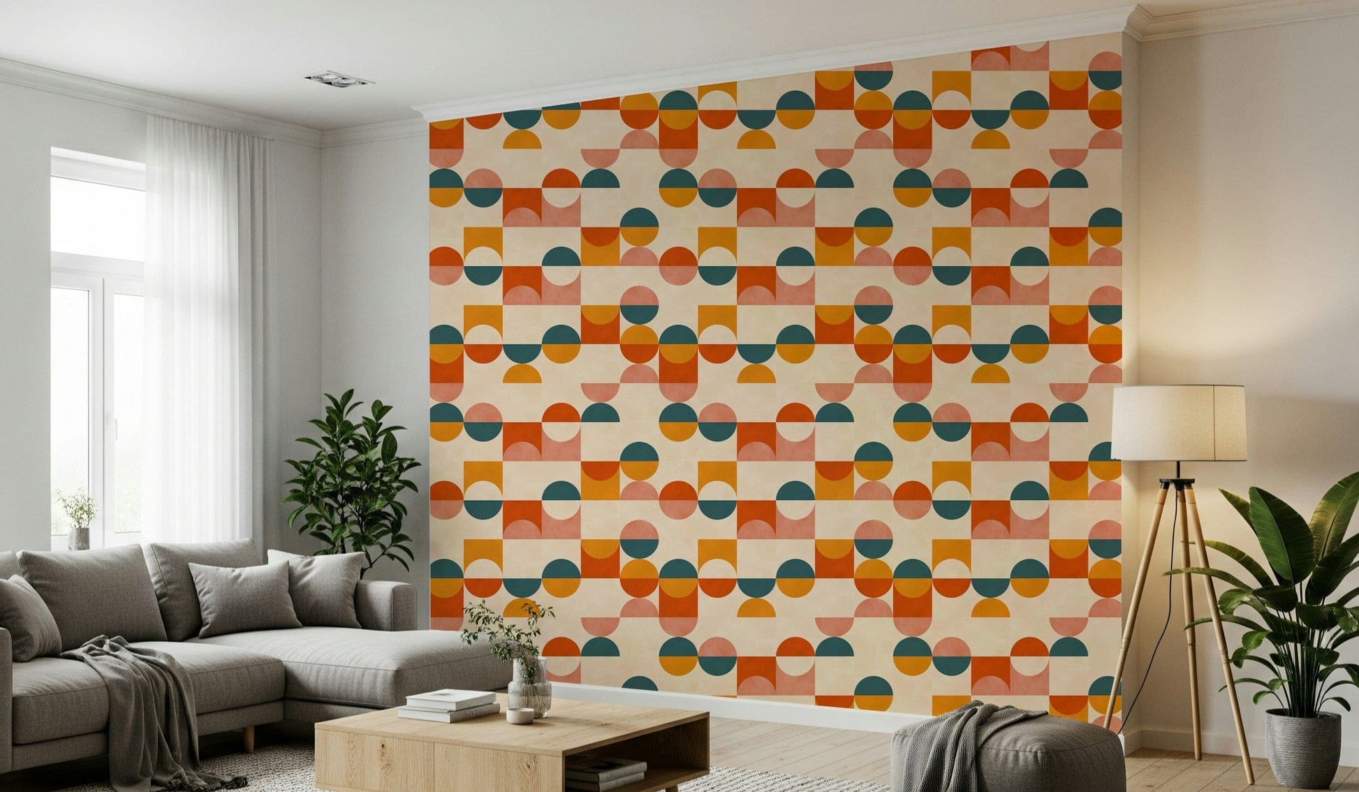 Balance Act wallpaper, retro abstract circles and squares pattern decor.