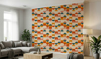 Balance Act wallpaper, retro abstract circles and squares pattern decor.