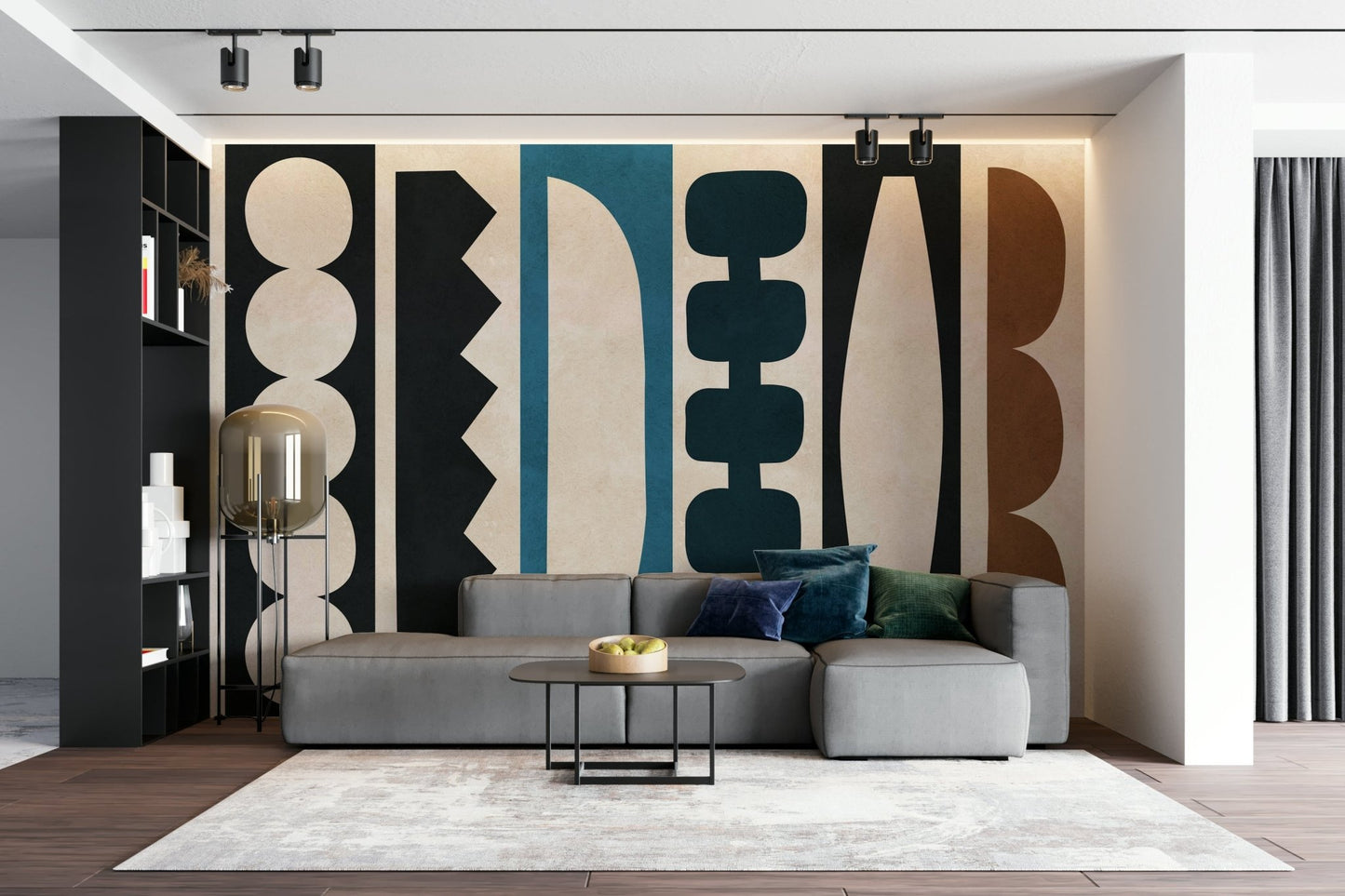 The design features a playful, interlocking arrangement of different sized rectangles and squares.

