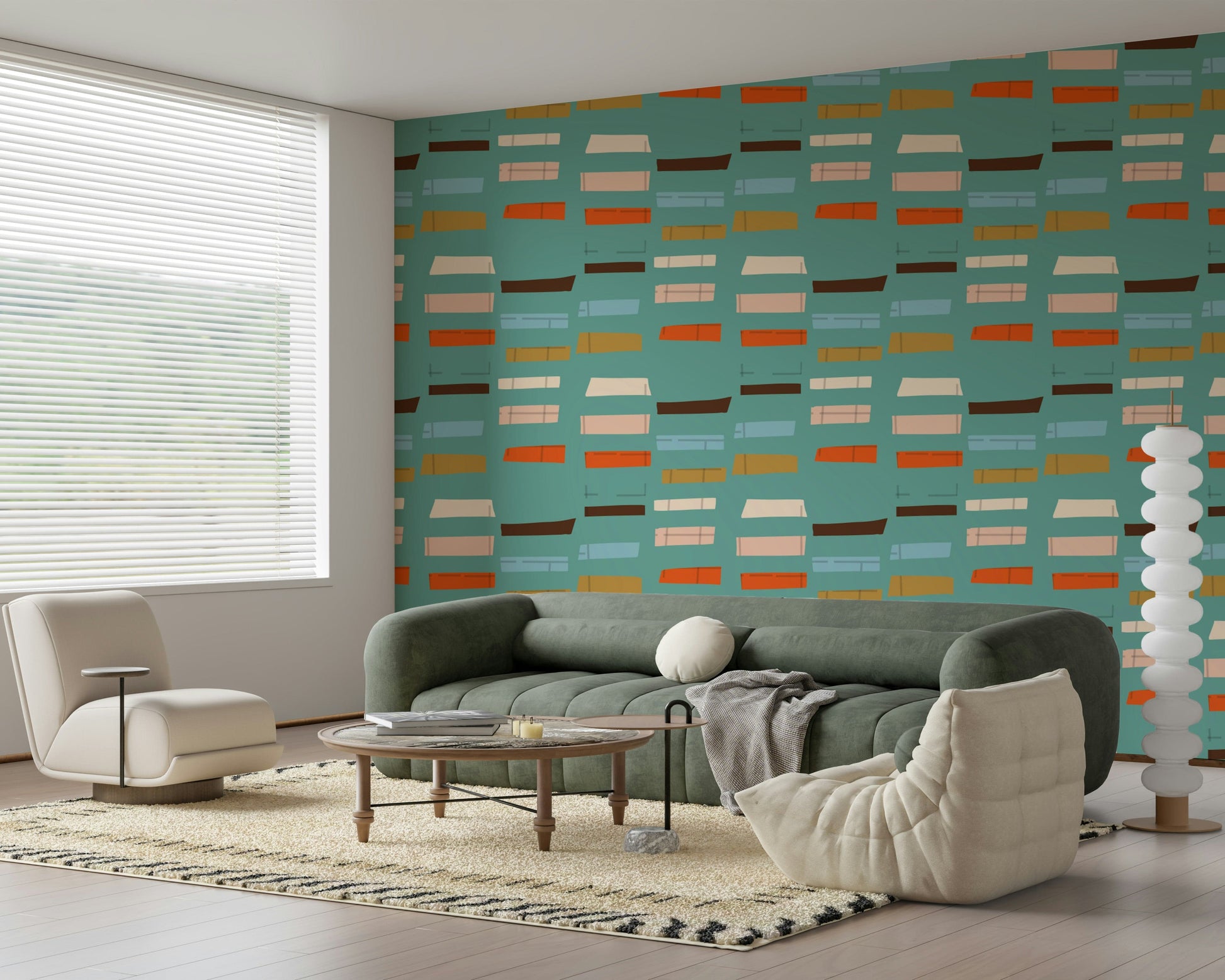 Abstract forms dancing on aquamarine surface; joyful and innovative wall decoration.