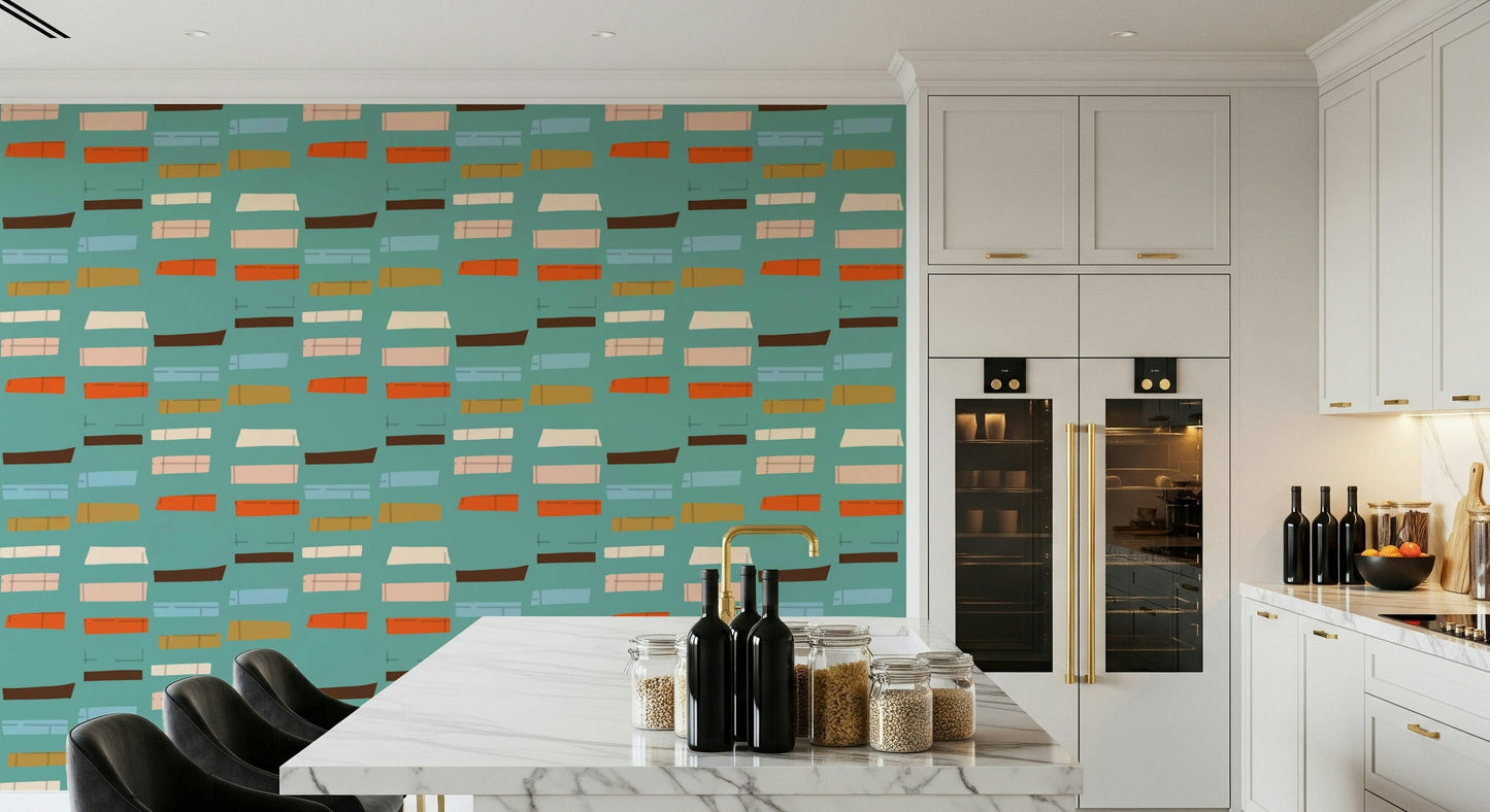 Graphic Mid Mod Stacked Blocks Blue print; makes an energetic statement.