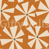 Soft geometric wallpaper with abstract cream blooms arranged in a dynamic mid-century pattern.