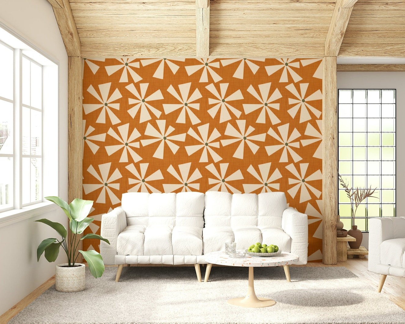 Retro bloom burst wallpaper featuring cream starburst flowers on a warm orange background.