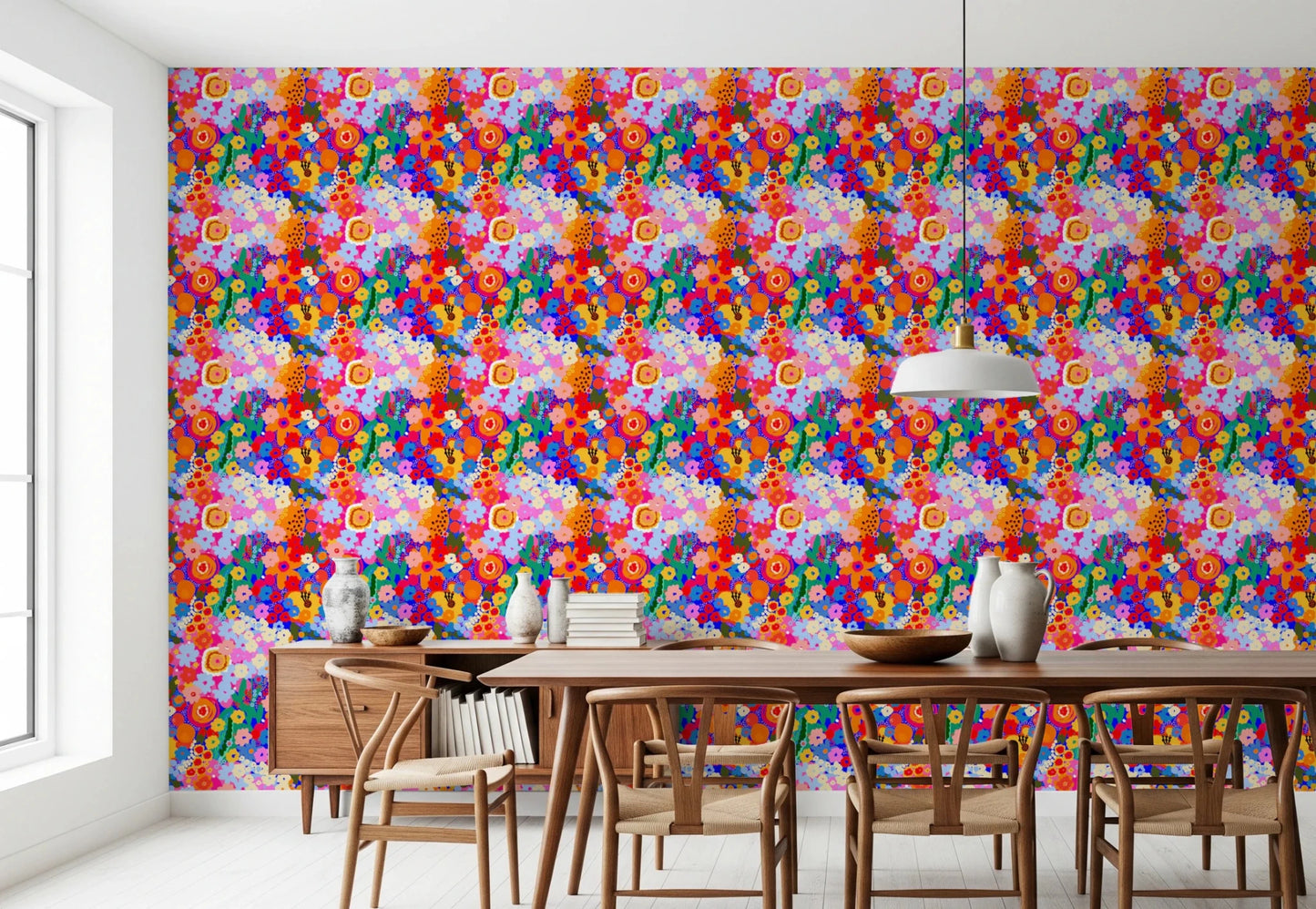 Retro Bloom Flower Fruit Burst Wallpaper showing repeating blossom and fruit shapes.