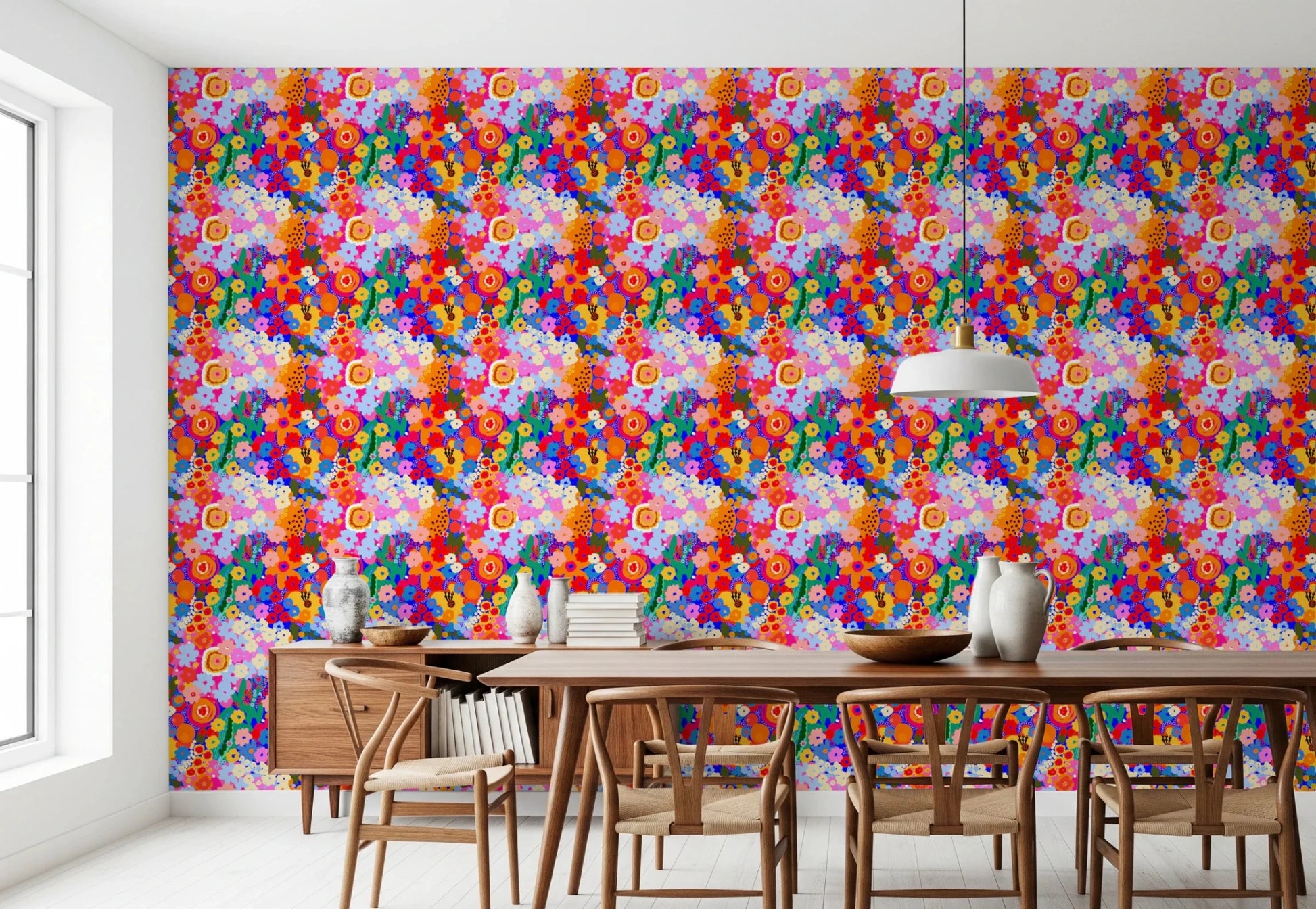 Retro Bloom Flower Fruit Burst Wallpaper showing repeating blossom and fruit shapes.
