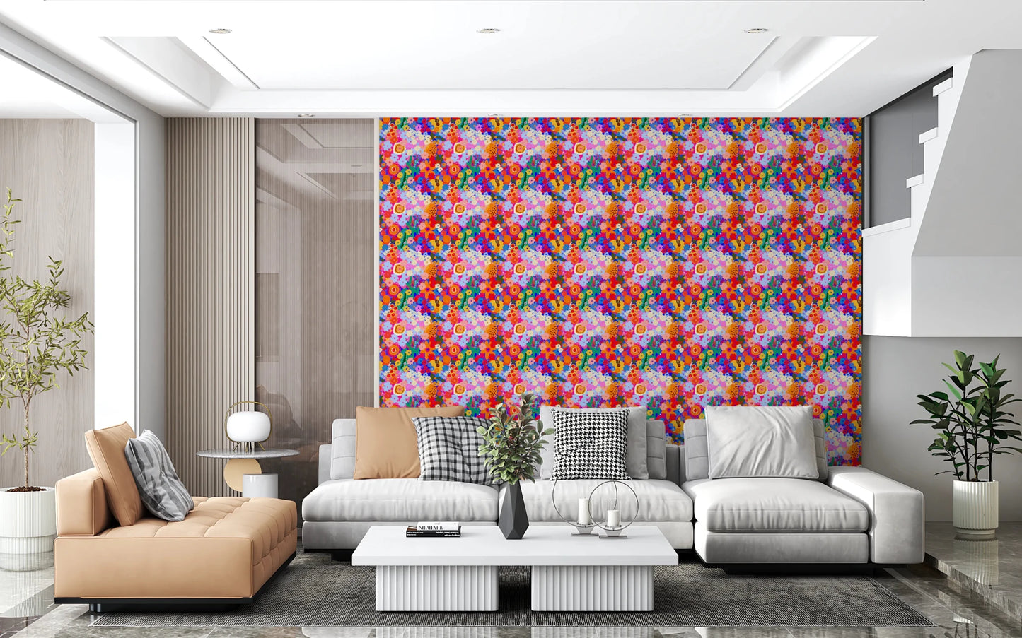 Graphic floral wall covering resembling Retro Bloom Flower Fruit Burst Wallpaper.