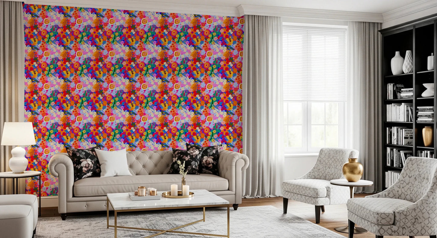 Bright floral found on this Retro Bloom Flower Fruit Burst  living room Wallpaper.