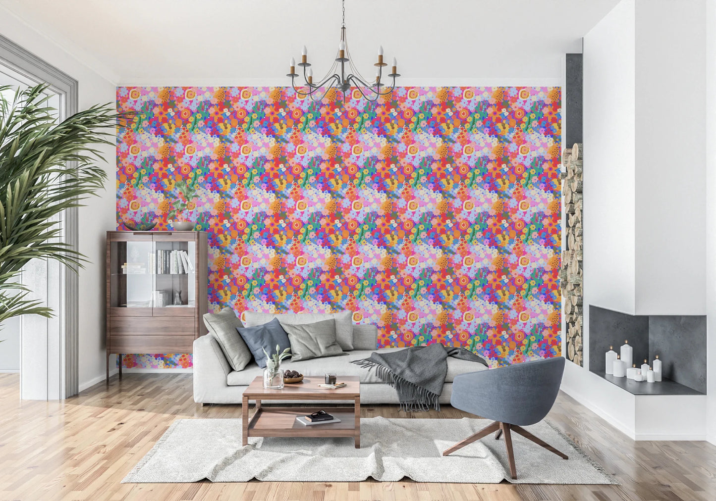 Detailed view of the Retro Bloom Flower Fruit Burst Wallpaper with modern botanical art.