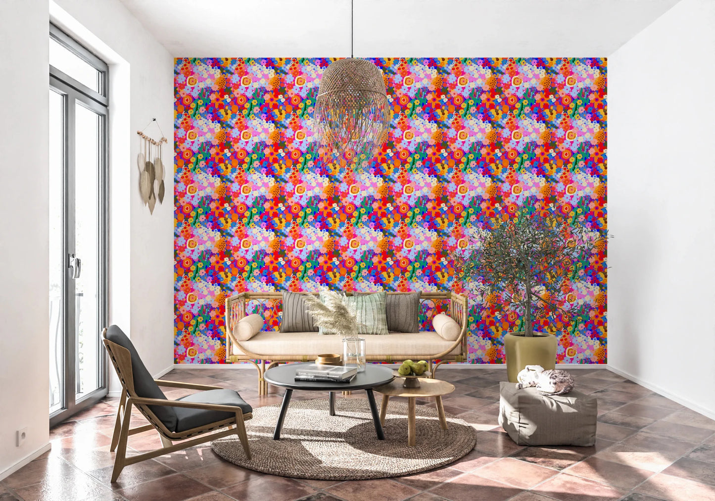 Bold color palette hallway on the Retro Bloom Flower Fruit Burst Wallpaper surface.