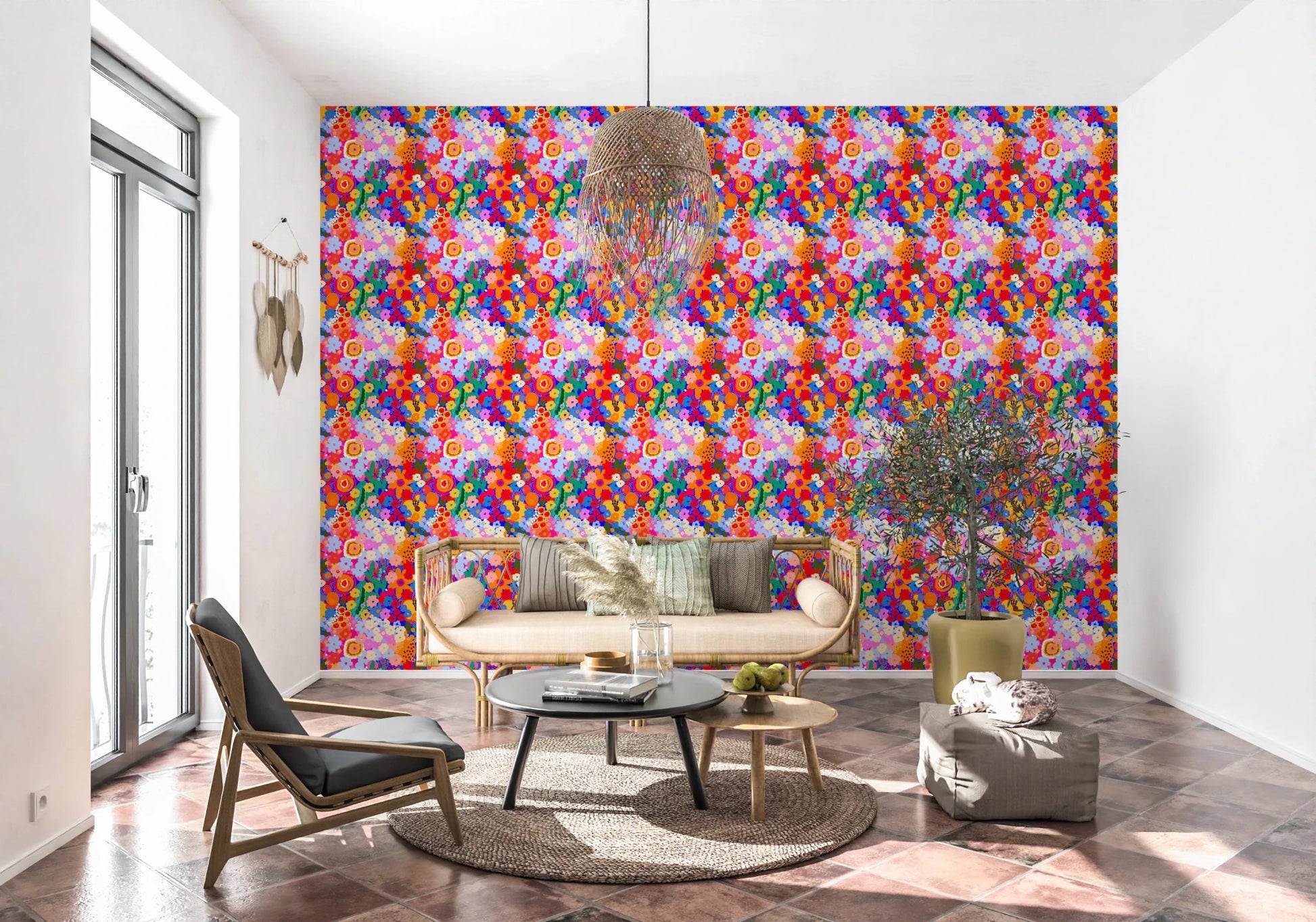 Bold color palette hallway on the Retro Bloom Flower Fruit Burst Wallpaper surface.