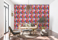 Bold color palette hallway on the Retro Bloom Flower Fruit Burst Wallpaper surface.