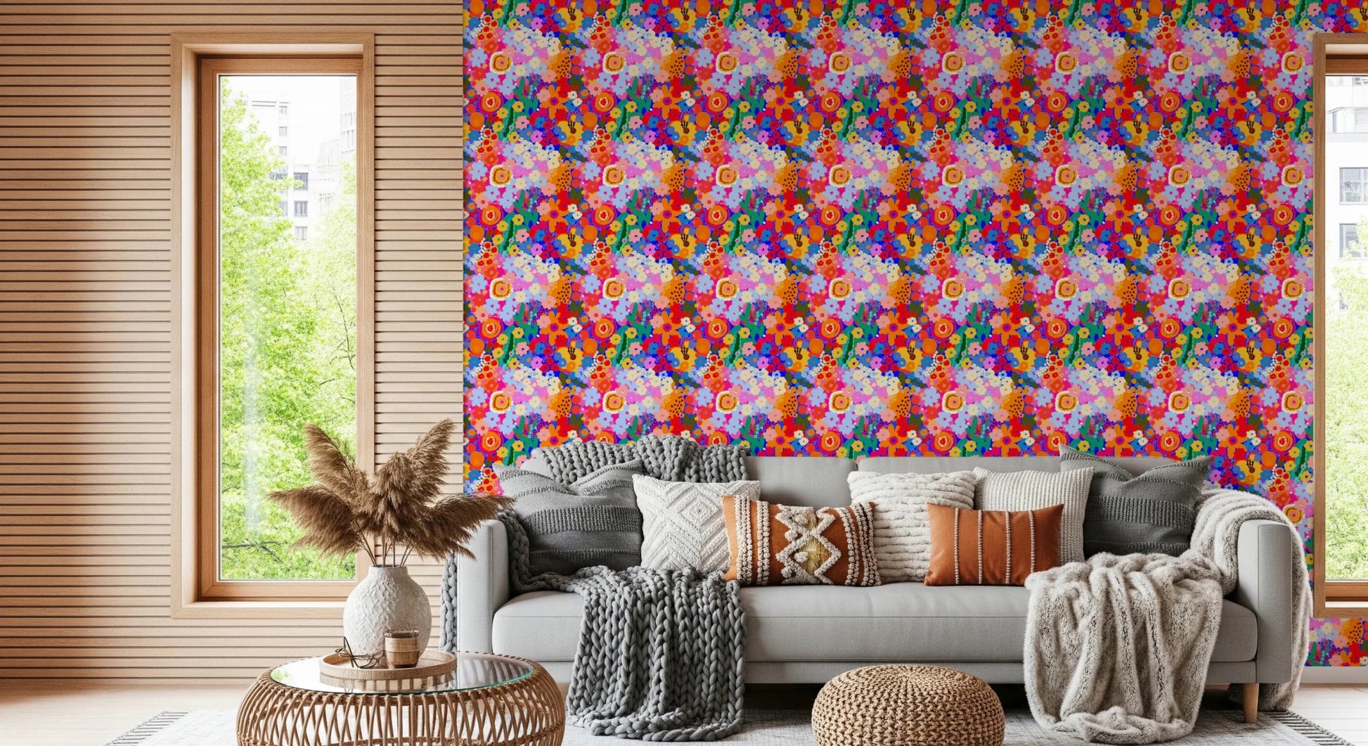Artistic fruit and petal design on Retro Bloom Flower Fruit Burst Wallpaper.