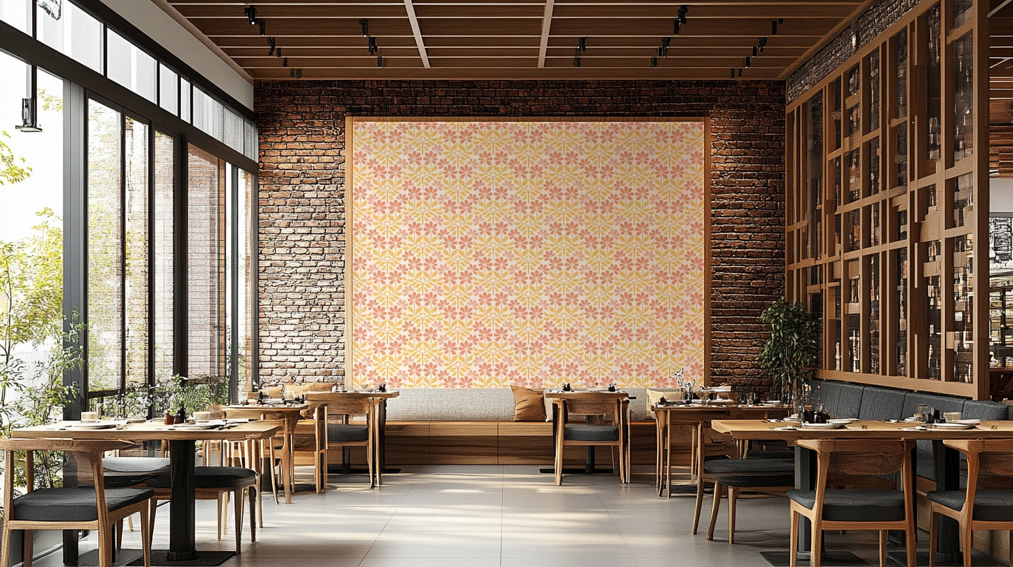 Mid-century floral wallpaper with bold blossoms

