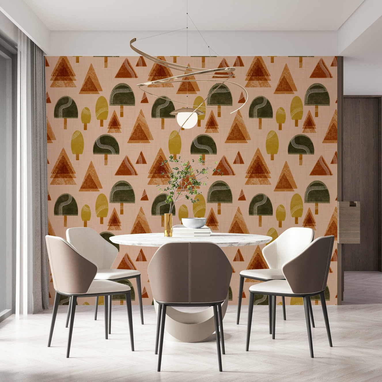 A peaceful forest design mural on decorative wallpaper.

