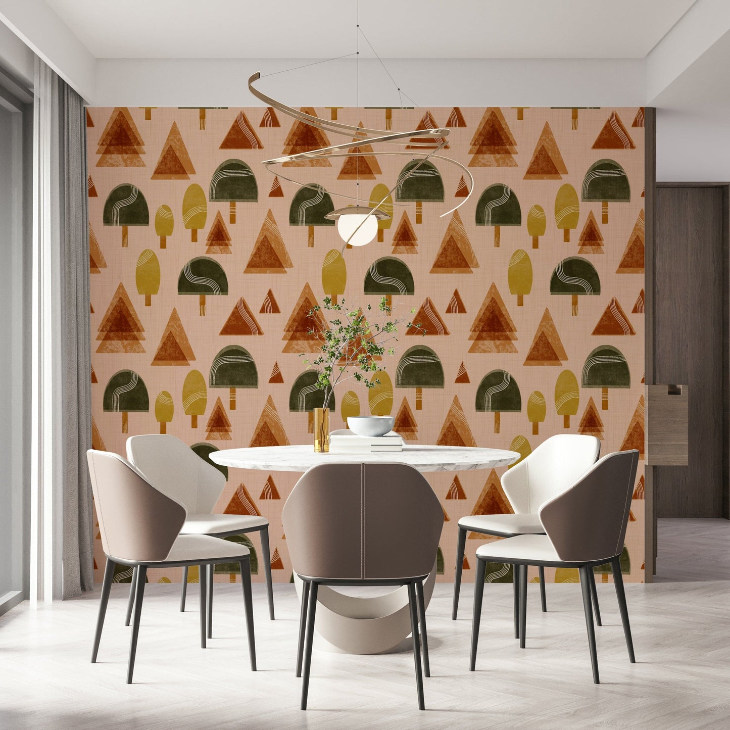 A peaceful forest design mural on decorative wallpaper.

