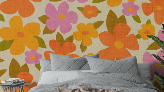 Retro Bright Flowers in Orange Pink Yellow Wallpaper