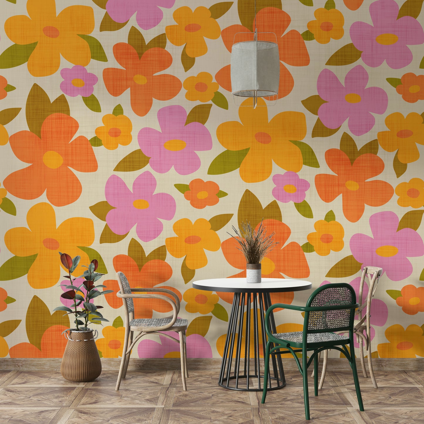 Retro Bright Flowers in Orange Pink Yellow