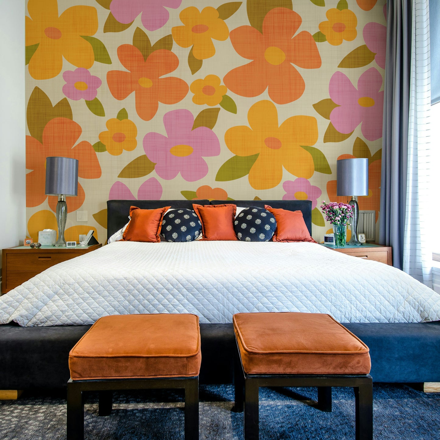 Retro Bright Flowers in Orange Pink Yellow