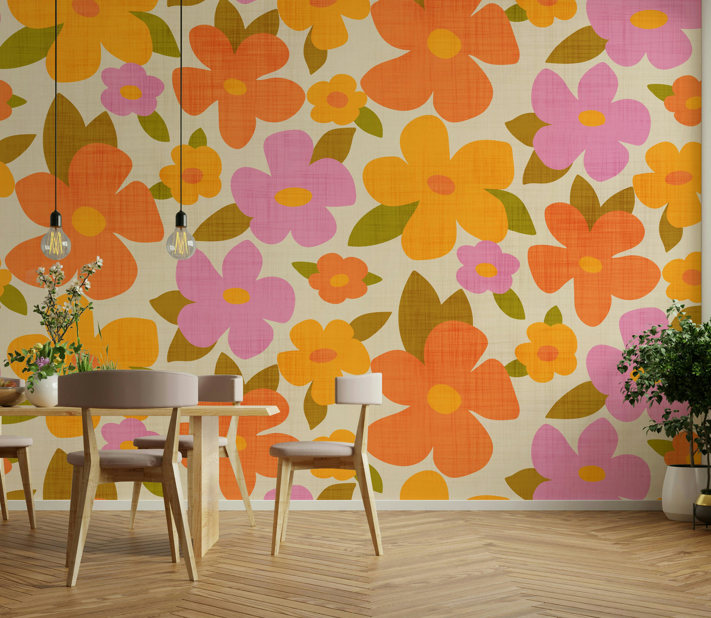 Retro Bright Flowers in Orange Pink Yellow