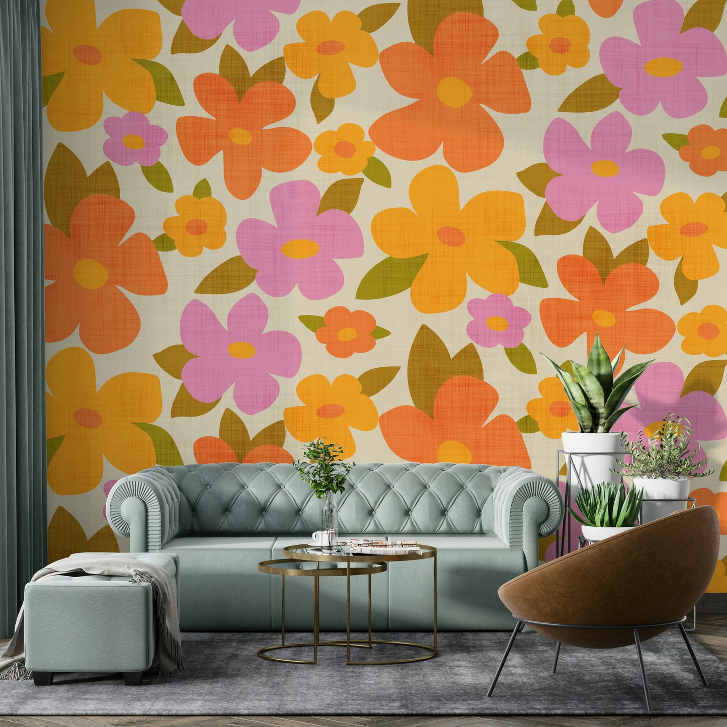 Retro Bright Flowers in Orange Pink Yellow