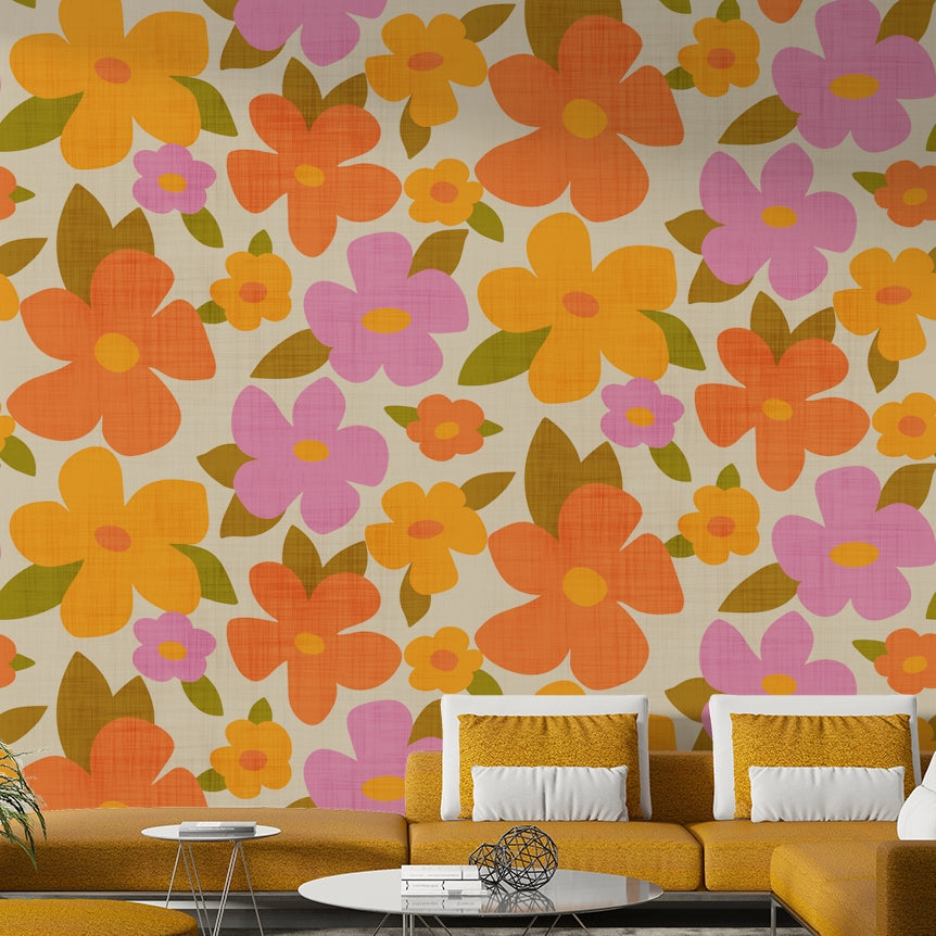 Retro Bright Flowers in Orange Pink Yellow