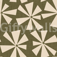 Soft geometric wallpaper with retro pinwheel bursts in a warm, earthy palette.