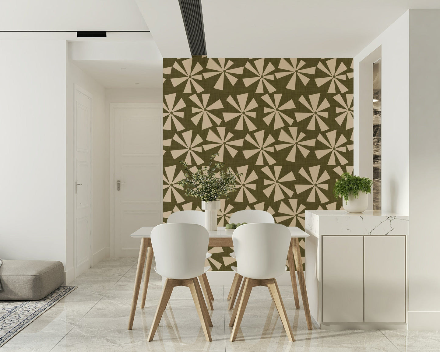 Geometric starburst wallpaper with scattered retro flower shapes in muted earthy tones.
