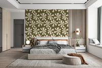 Vintage-style wallpaper showcasing cream star-like floral bursts on a textured olive backdrop.