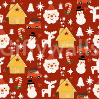 A cheerful Christmas wallpaper combining vintage-style huts, festive icons, and classic red holiday color.
