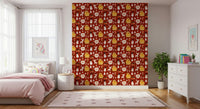 Retro holiday wallpaper filled with whimsical Christmas symbols arranged in a seamless repeating pattern.