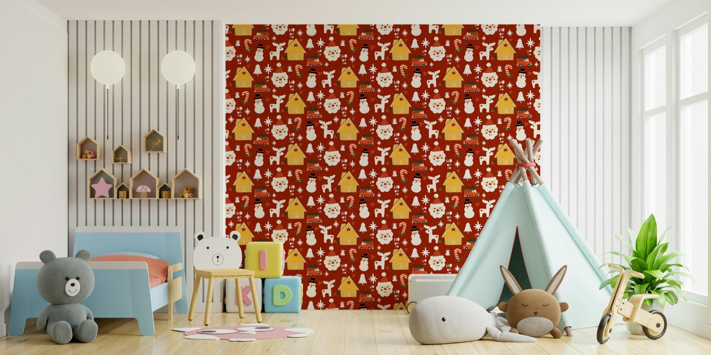 A festive retro Christmas wallpaper featuring playful reindeer, snowmen, and Santa faces on a warm red background.