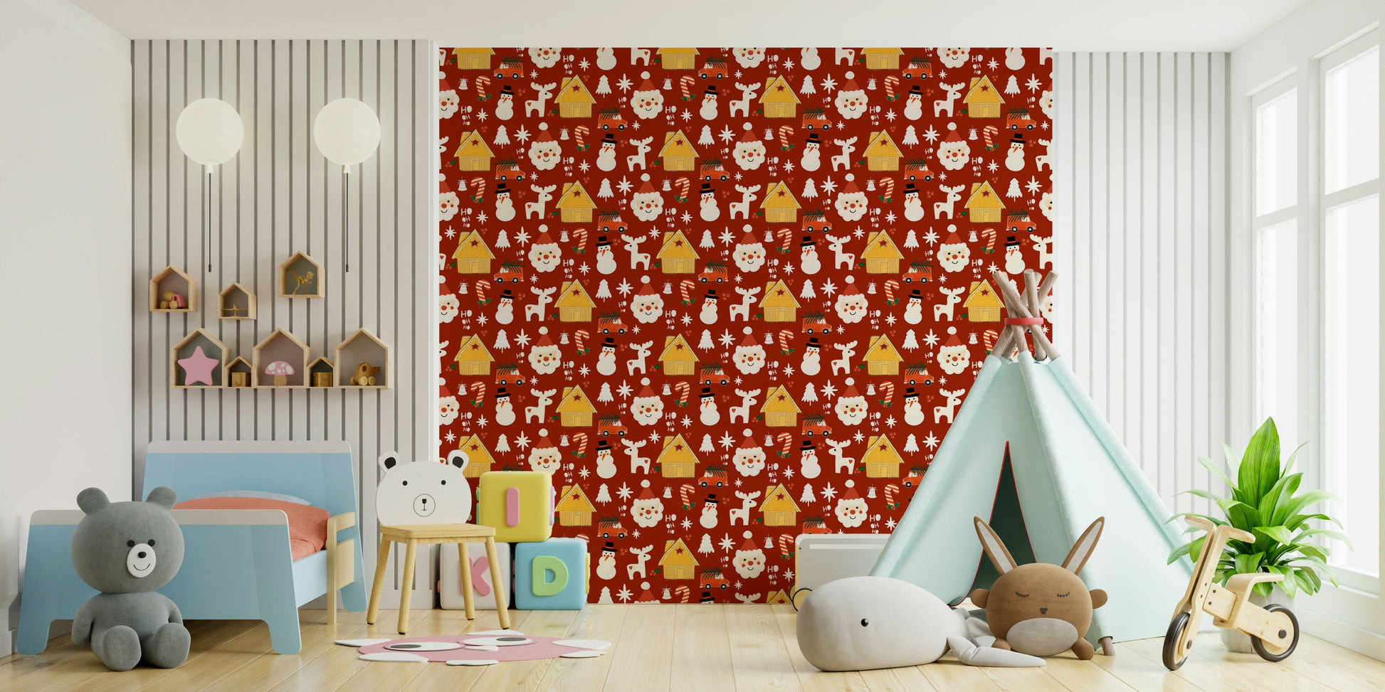 A festive retro Christmas wallpaper featuring playful reindeer, snowmen, and Santa faces on a warm red background.