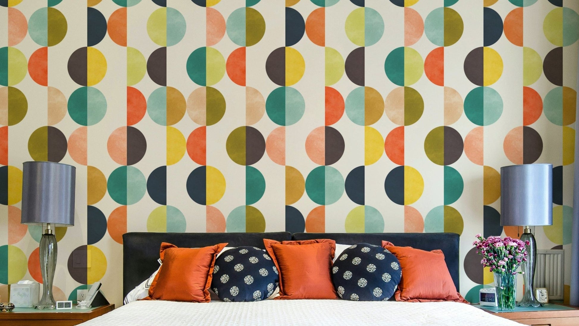 A retro-style wall mural with a repeating pattern of circles.

